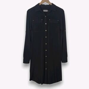 Calvin Klein Black Utility Shirt Dress Women's 8 Gold Button Minimalist Chic